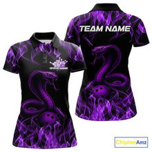 Load image into Gallery viewer, Custom Black And Purple Flame Cobra Snake Bowling Women Polo Shirts, Bowling League Shirt IPHW9041