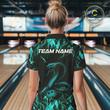 Load image into Gallery viewer, Custom Black And Blue Flame Cobra Snake Bowling Women Polo Shirts, Bowling League Shirt IPHW9042
