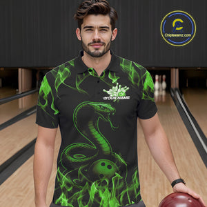 Custom Black And Green Flame Cobra Snake Bowling Men Polo Shirts, Bowling League Shirt IPHW9043