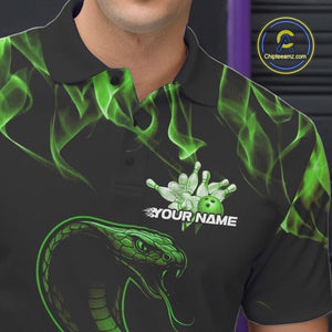 Custom Black And Green Flame Cobra Snake Bowling Men Polo Shirts, Bowling League Shirt IPHW9043