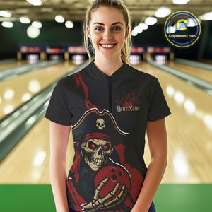 Custom Black And Red Pirate Bowling Women Quarter-Zip Shirts, Bowling Team Shirt IPHW9048
