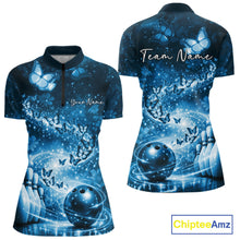 Load image into Gallery viewer, Custom Elegant Blue Butterfly Women Bowling Shirt, Ladies Bowling Team Outfit IPHW10910