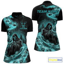 Load image into Gallery viewer, Custom Grim Reaper Bowling Women Quarter-Zip Shirt, Teal Blue Flame Skull Halloween IPHW9082