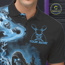 Load image into Gallery viewer, Custom Grim Reaper Bowling Polo Shirts For Men, Mid Blue Flame Skull Halloween Design IPHW9083