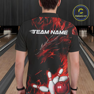 Custom Black And Red Flame Dragon Bowling Team Men Polo Shirts, Bowling League Shirt IPHW9333