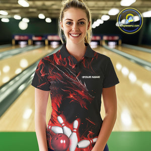 Custom Black And Red Flame Dragon Bowling Team Women Polo Shirts, Bowling League Shirt IPHW9333