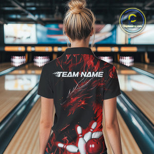 Custom Black And Red Flame Dragon Bowling Team Women Polo Shirts, Bowling League Shirt IPHW9333