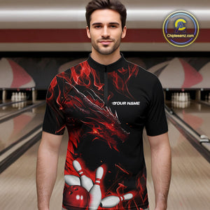Custom Black And Red Flame Dragon Bowling Team Men Quarter-Zip Shirts, Bowling League Shirt IPHW9333