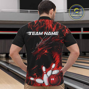 Custom Black And Red Flame Dragon Bowling Team Men Quarter-Zip Shirts, Bowling League Shirt IPHW9333
