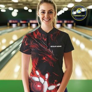 Custom Red Flame Dragon Bowling Team Women Quarter-Zip Shirt, Bowling League Shirt IPHW9333