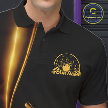 Load image into Gallery viewer, Custom Black And Gold Bowling Men Polo Shirt, Bowling Team Tournament Shirt Bowler Outfit IPHW11247
