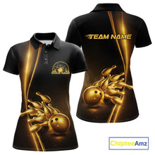 Load image into Gallery viewer, Custom Black And Gold Bowling Women Polo Shirt, Bowling Team Tournament Shirt Bowler Outfit IPHW11247