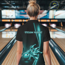 Load image into Gallery viewer, Custom Black And Turquoise Blue Bowling Women Polo Shirt, Bowling Tournament Shirt Outfit IPHW11249