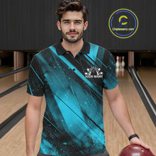 Load image into Gallery viewer, Man wearing a blue and black bowling shirt with a logo in a bowling alley.