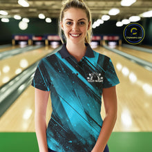 Load image into Gallery viewer, Woman wearing a custom bowling shirt with a logo and text in a bowling alley.
