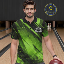 Load image into Gallery viewer, Man wearing a green and black bowling shirt with a logo in a bowling alley.