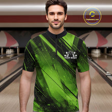 Load image into Gallery viewer, Man wearing a green and black bowling shirt with a personalized logo in a bowling alley.