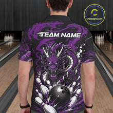 Load image into Gallery viewer, Person wearing a bowling-themed shirt with a purple dragon design in a bowling alley.