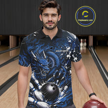 Load image into Gallery viewer, Man wearing a blue dragon-themed bowling shirt in a bowling alley.