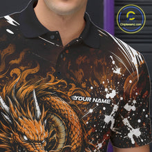 Load image into Gallery viewer, Black polo shirt with orange dragon design and 'Your Name' text, brand logo visible.