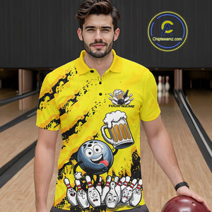 Custom Yellow Funny Bowling Men Polo Shirts, Bowling And Beer Party Bowlers Outfit IPHW9829