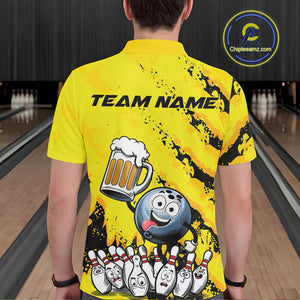 Custom Yellow Funny Bowling Men Polo Shirts, Bowling And Beer Party Bowlers Outfit IPHW9829