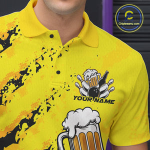 Custom Yellow Funny Bowling Men Polo Shirts, Bowling And Beer Party Bowlers Outfit IPHW9829