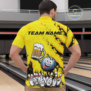 Custom Yellow Funny Bowling Men Quarter-Zip Shirts, Bowling And Beer Party Bowlers Outfit IPHW9829