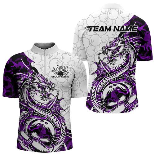 Custom Purple Camo Dragon Bowling Tattoo Men Quarter-Zip Shirts, Dragon Bowling League Team Shirt IPHW8885