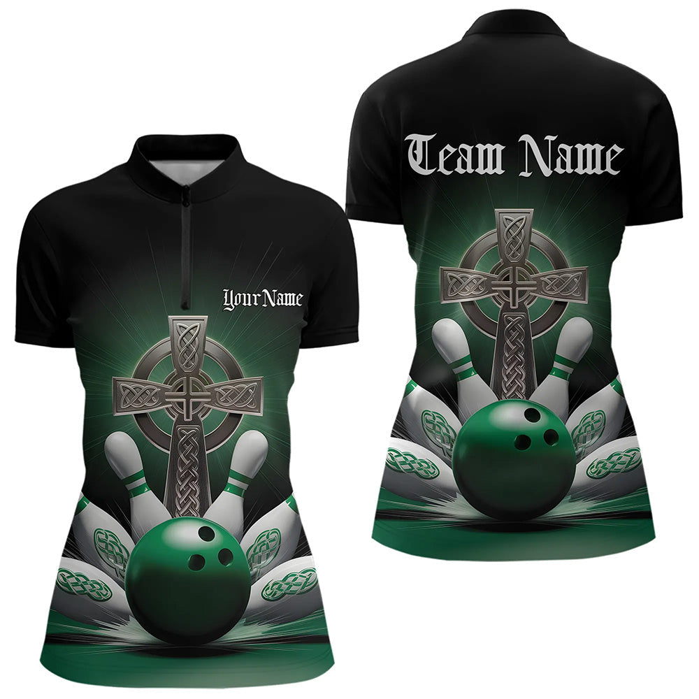 Custom Celtic Cross Faith Bowling Quarter-Zip Team Shirts For Women, Bowlers Outfits IPHW8574