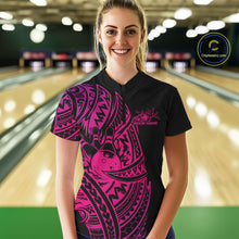 Load image into Gallery viewer, Custom Black And Pink Polynesian Tribal Bowling Women Shirt, Maori Bowling League Shirt IPHW10972