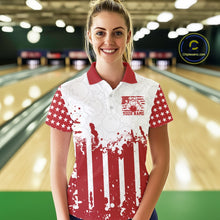 Load image into Gallery viewer, Woman wearing a red and white polo shirt with a graphic design in a bowling alley.