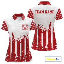 Load image into Gallery viewer, Red and white polo shirt with American flag design, customizable text, and Chiptee Amz branding.