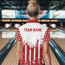 Load image into Gallery viewer, Custom red American flag patriotic women's bowling quarter-zip shirt featuring personalized team name template.