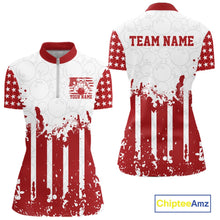 Load image into Gallery viewer, Front and back design of a women's short sleeve patriotic US flag jersey bowling shirt in white and red.