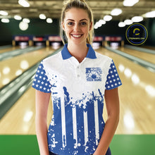 Load image into Gallery viewer, Woman wearing a custom blue patriotic bowling shirt with an American flag design in a bowling alley.