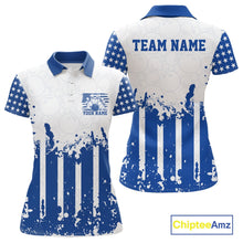 Load image into Gallery viewer, White polo shirt with blue accents and American flag design, personalized with 'Your Name' and 'Team Name'. Brand 'Chiptee Amz' visible.