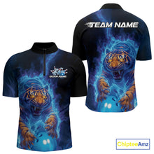 Load image into Gallery viewer, Custom Blue Fire Flame Tiger Bowling Team Quarter-Zip Shirts For Men, Tiger Bowling Jerseys IPHW9483