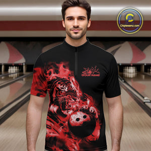 Custom Red Fire Flame Tiger Bowling Jerseys, Bowling Team Men Quarter-Zip Shirts IPHW9488