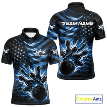 Load image into Gallery viewer, Custom Black And Blue Patriotic Fire Flame Men Bowling Shirt, US Flag Bowling Jerseys IPHW10998