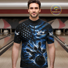 Load image into Gallery viewer, Custom Black And Blue Patriotic Fire Flame Men Bowling Shirt, US Flag Bowling Jerseys IPHW10998