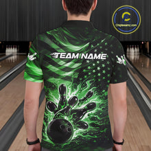 Load image into Gallery viewer, Custom Black And Green Patriotic Fire Flame Men Bowling Shirt, US Flag Bowling Jerseys IPHW10999