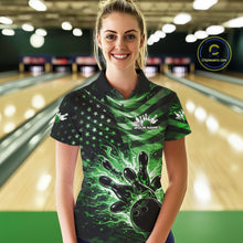 Load image into Gallery viewer, Custom Black And Green Patriotic Fire Flame Women Bowling Shirt, US Flag Bowling Jerseys IPHW10999