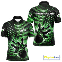 Load image into Gallery viewer, Custom Black And Green Patriotic Fire Flame Men Bowling Shirt, US Flag Bowling Jerseys IPHW10999
