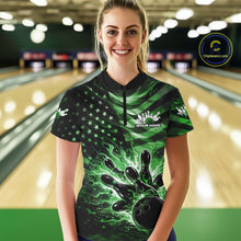 Load image into Gallery viewer, Custom Black And Green Patriotic Fire Flame Women Bowling Shirt, US Flag Bowling Jerseys IPHW10999