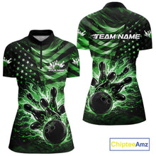 Load image into Gallery viewer, Custom Black And Green Patriotic Fire Flame Women Bowling Shirt, US Flag Bowling Jerseys IPHW10999