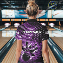 Load image into Gallery viewer, Custom Black And Purple Patriotic Fire Flame Women Bowling Shirt, US Flag Bowling Jerseys IPHW11000