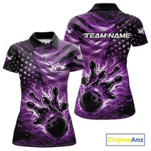 Load image into Gallery viewer, Custom Black And Purple Patriotic Fire Flame Women Bowling Shirt, US Flag Bowling Jerseys IPHW11000