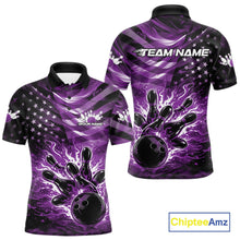 Load image into Gallery viewer, Custom Black And Purple Patriotic Fire Flame Men Bowling Shirt, US Flag Bowling Jerseys IPHW11000