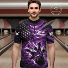 Load image into Gallery viewer, Custom Black And Purple Patriotic Fire Flame Men Bowling Shirt, US Flag Bowling Jerseys IPHW11000